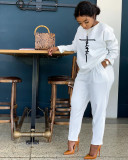 Winter Casual White Thickened Print Pant Set