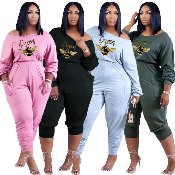 Casual Letter Print Sporty Active Outfits Ruffled One Piece Jumpsuit