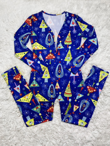 Casual Christmas Printed Long Sleeve Trousers Homewear Jumpsuit