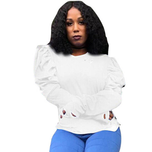 Solid Color Imitation Cotton Puff Sleeve Burnt Hole Top