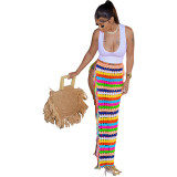 Sexy Color Block Fringe Hem Crochet Cover Up Skirt