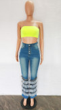 High Waist Button Fly Contrast Mesh Ruffle Trim Flare Leg Jeans