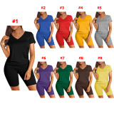 Fashion Solid Color V Neck Short Sleeve Shorts Set