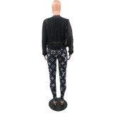 Women Net Yarn Three Piece Temperament Printed Vest Outerwear and Trousers