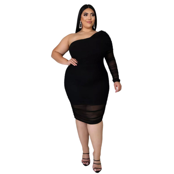 Plus Size Lavish One Shoulder Double-layer Mesh Pleated Dress - Black