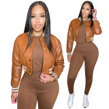 Thread Elasticity Faux Leather Baseball Jacket