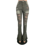 Classic Holes Fringed Ruffled Denim Trousers