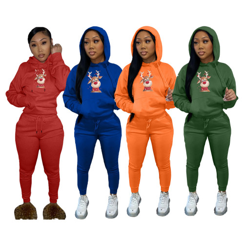 Fleece Long Sleeve Casual Pyrography Hoodie & Drawstring Pants Set with Kangaroo Pocket