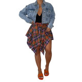 Summer Printed Preppy Style High Waist Plaid Belted Midi Asymmetrical Skirts