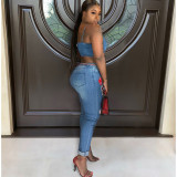 Denim Tracksuit Women Two Piece Set Cartoon Patch Spaghetti Strap Vest Crop Top Pencil Jeans Outfits