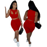 Red Solid Color Thread Pit Stitching Irregular Sports Shorts Set