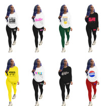 Fashion Casual Solid Color Graphic Print Long Sleeve Trousers Two Piece Set