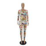 Casual Pattern Printed V Neck Home Jumpsuit