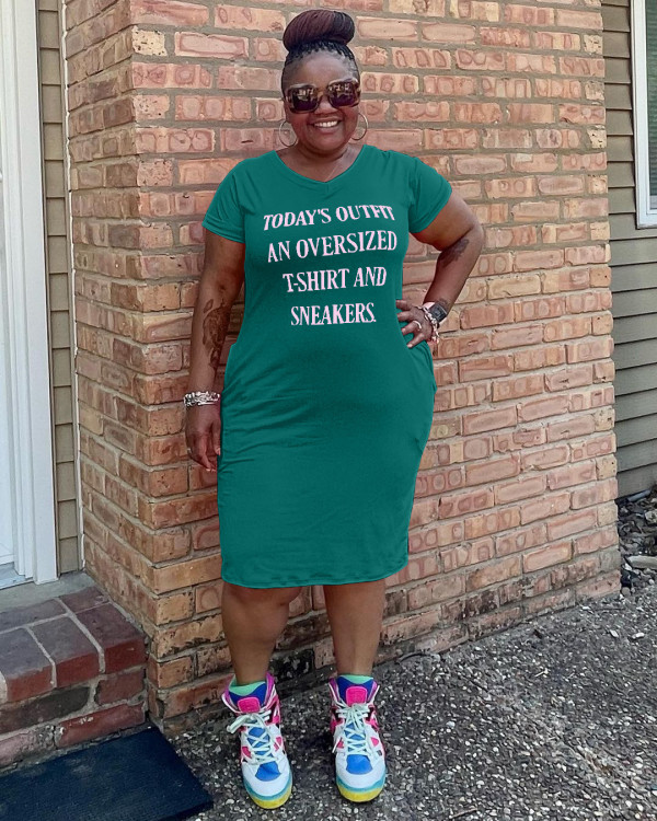Green Casual Letter Print V Neck Short Sleeve Plus Size T-shirt Dress