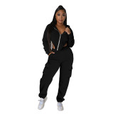 Autumn Winter Women's Irregular Solid Color Pocketed Zipper Hoodie Sweatshirt Pants Set