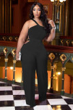 Black Sexy Hollow Out Single Shoulder Sleeveless Jumpsuit