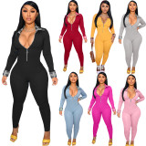 Light Pink Plaid Patchwork Zipper Up Long Sleeve Turn-down Neck Skinny Jumpsuit