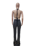 Hot Drill Sexy Black Halter Bra Top And Pants Two Pieces Set