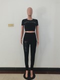 Casual Hot Diamond Short Sleeve Pant Set with Pocket