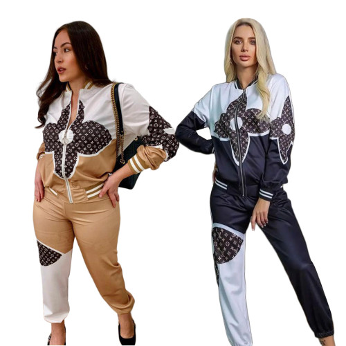 Autumn Casual Simple Printing Zipper Two Piece Set
