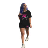 Solid Color Pattern Printed Short Sleeve Two Piece Set