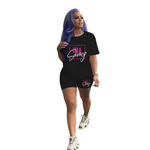 Solid Color Pattern Printed Short Sleeve Two Piece Set