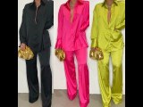 1 Set Office Lady Shirt Pants Solid Color Loose Summer Single Breasted Top Wide Leg Trousers