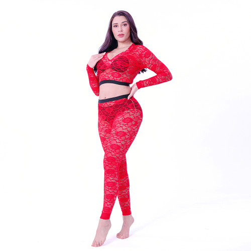 Solid Color Red Loungewear See Through Lace V Neck Trousers Women Sets