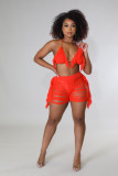 Orange Summer Beachwear Thread Ripped Crochet Knitted Tassel Bra Top & Shorts Co-Ord