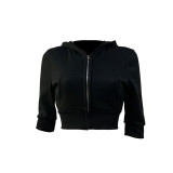 Casual Hooded Sports Crop Sweatsuit Top with 2 Pockets