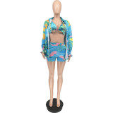 Women Three Piece Set Printed Bra Shorts with Long Sleeve Cardigan