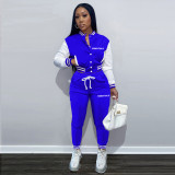 Color Block Jacket Single-Breasted Letter Print Baseball Jersey Tracksuit Two Pieces