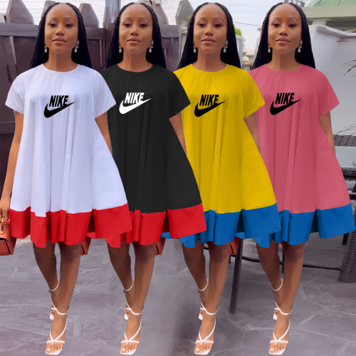 Summer Printed Short Sleeve O Neck Color-block Pleated Dress with Pockets