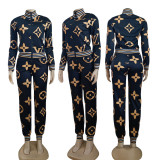 Casual Zipper Printed Sports Sweatshirt Two Piece Outfits