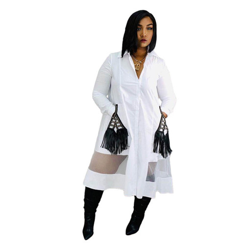 Casual Stitching Mesh Cardigan Shirt Midi Dress
