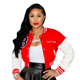 Red/White Leather Sleeve Stitching Embroidery Buttons Baseball Uniform Double-layer Threaded Jacket