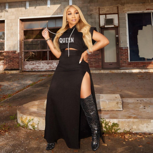 Summer Clothing Drawstring Printed Hooded Collar Outdoor Leisure Slit Skirts Set