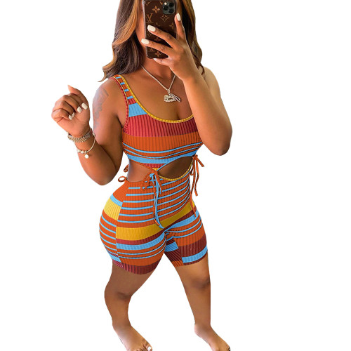 Casual Pit Striped Lace-up Rompers