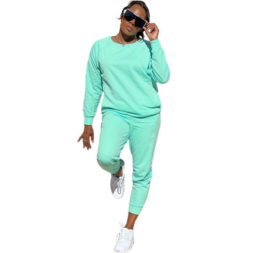 Casual Cyan-blue Cotton Pocket Tracksuit Pant Set Spring Autumn Women Sweatpants 2 Pieces