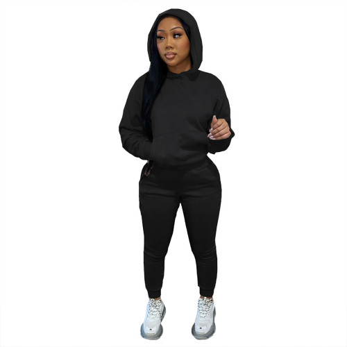 Black Women Winter Outfits 2 Two Piece Sets Joggers Suit Hooded Activewear Solid Hoodies Sweatpants