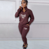 Casual Fleece Printed Letters Zipper Pullover High Neck Pant Set 2 Pieces