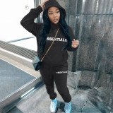 Casual Letter Pyrography Velvet Drawstring Kangaroo Pocket Hoodie & Pants Set