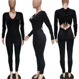 New Fashion Women Solid Long Sleeves Pleated Drawstring Skinny Casual Jumpsuit