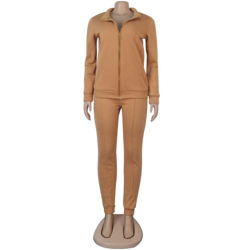 Solid Color Zip Up High Neck Autumn 2 Piece Pant Set