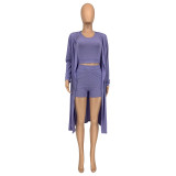 Casual Solid Purple Ribbed Crop Vest Top Short And Cardigan 3 Pieces Set