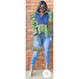 Double Collar Adjustable Tie Puff Long Sleeve Ruffle Denim Jacket