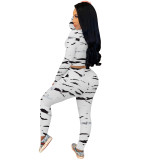 Casual White Pattern Printed Sports Sweatpants Two Piece Pants Set