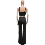 Fashion Vest Long Sleeve Ruffle Hem Peplum Blazer Plain Wide Legs Three Piece Sets Women's Pants Set