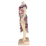 Plus Size Sexy Print Bandage Split Joint Slit Off the Shoulder Two Pieces Skirts Set