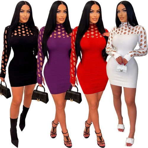 Women's Knitted Hand Hook Long Sleeve Hole Sweater Dress